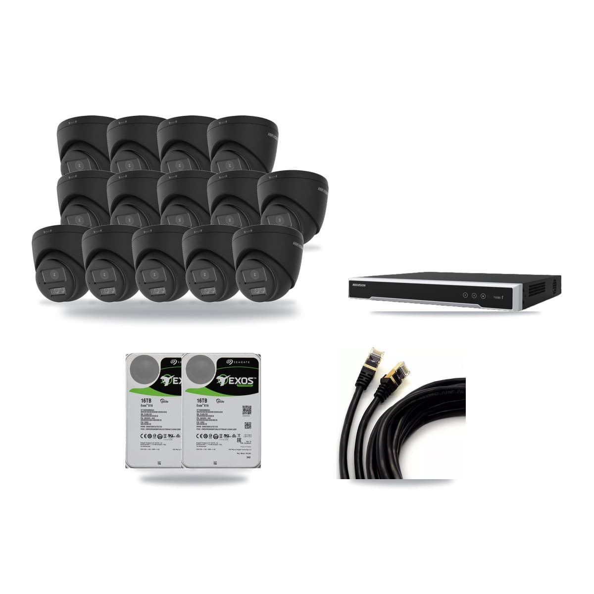 Hikvision 16-Channel 4K CCTV Kit — 14 Black Turret Cameras + 2× 16TB Recording (DS-7616NI-M2 Recorder) - Image 1