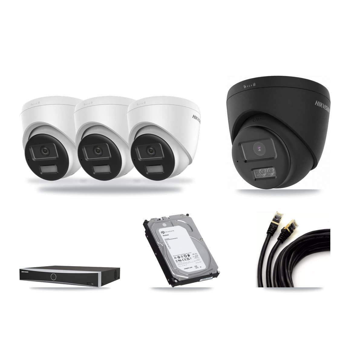 Hikvision 4-channel CCTV kit: 4 cameras (3× 4K Turret DS-2CD1383G2-LIUF/SL + 1× 4K Turret DS-2CD1383G2-LIUF/SL-BLACK), 6TB hard drive