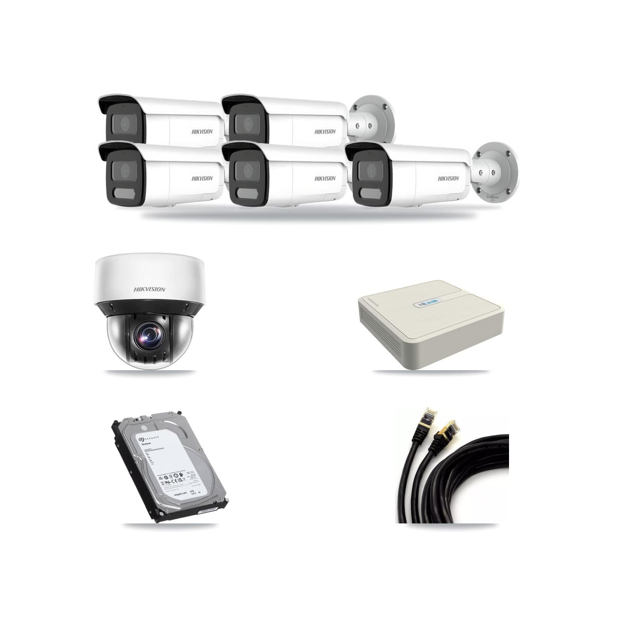 Hikvision & HiLook 8-Channel 4MP CCTV Kit — 5 DS-2CD2T47G2H Bullet + 1 DS-2DE4A425IW PTZ Cameras + 6TB Recording - Image 1
