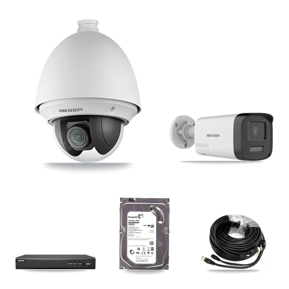 Hikvision & ANNKE 4-Channel 2MP – 5MP CCTV Kit — 1 DS-2AE4225T 2MP PTZ + 1 DS-2CE17K0T 5MP Bullet Cameras + 2TB Recording