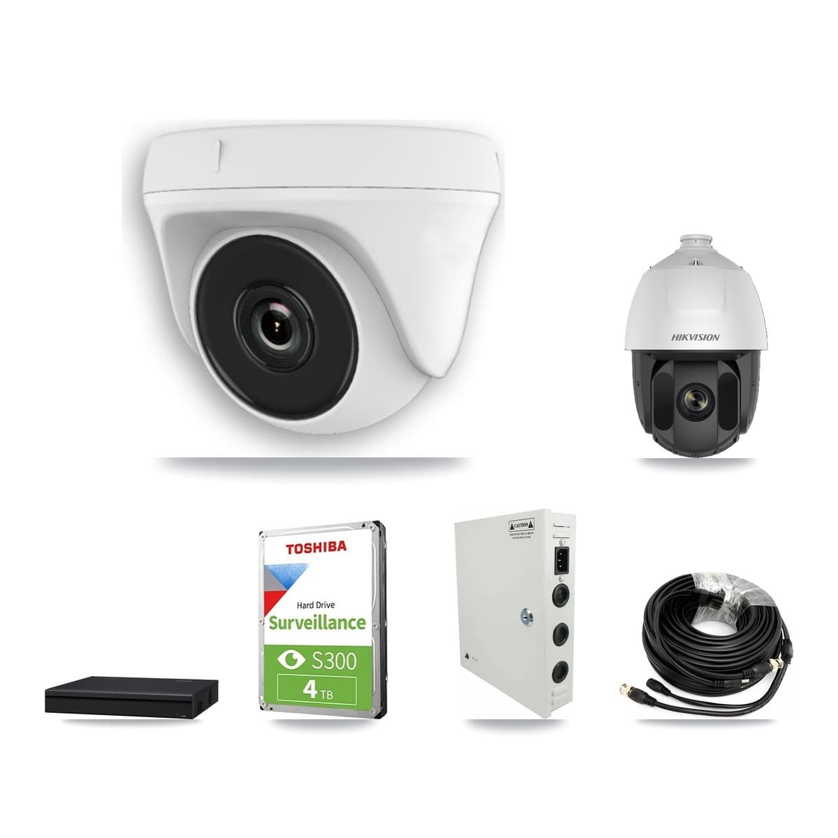 Hikvision 8-Channel 2MP CCTV Kit — 1 DS-2AE5225TI PTZ + 5 White HDT-2MP-N20W Dome Cameras + 4TB Recording (XVR-3108AD Recorder)
