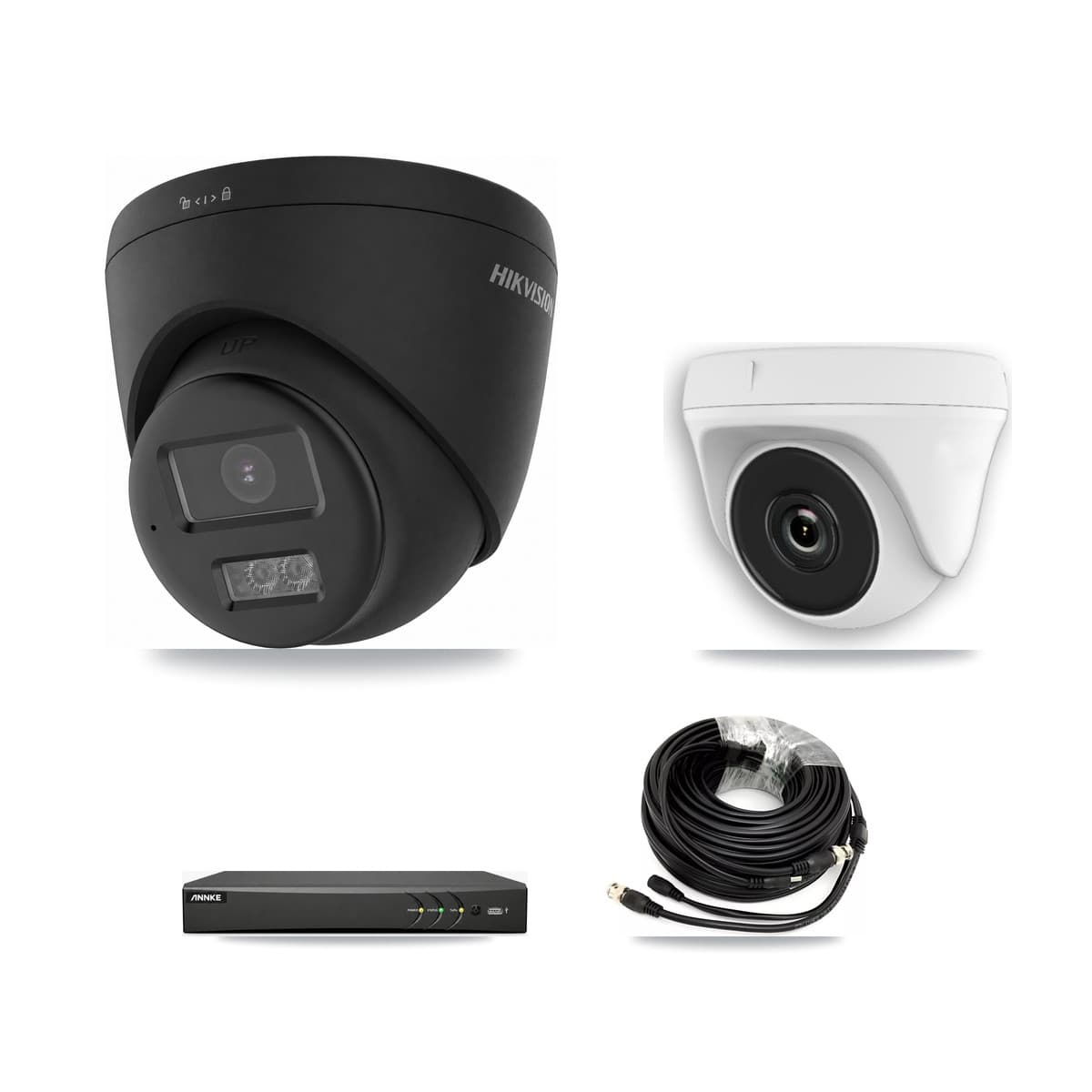 Hikvision & ANNKE 4-Channel 2MP – 4K CCTV Kit — 1 Black 4K Turret + 1 White 2MP Dome Cameras + 3TB Recording