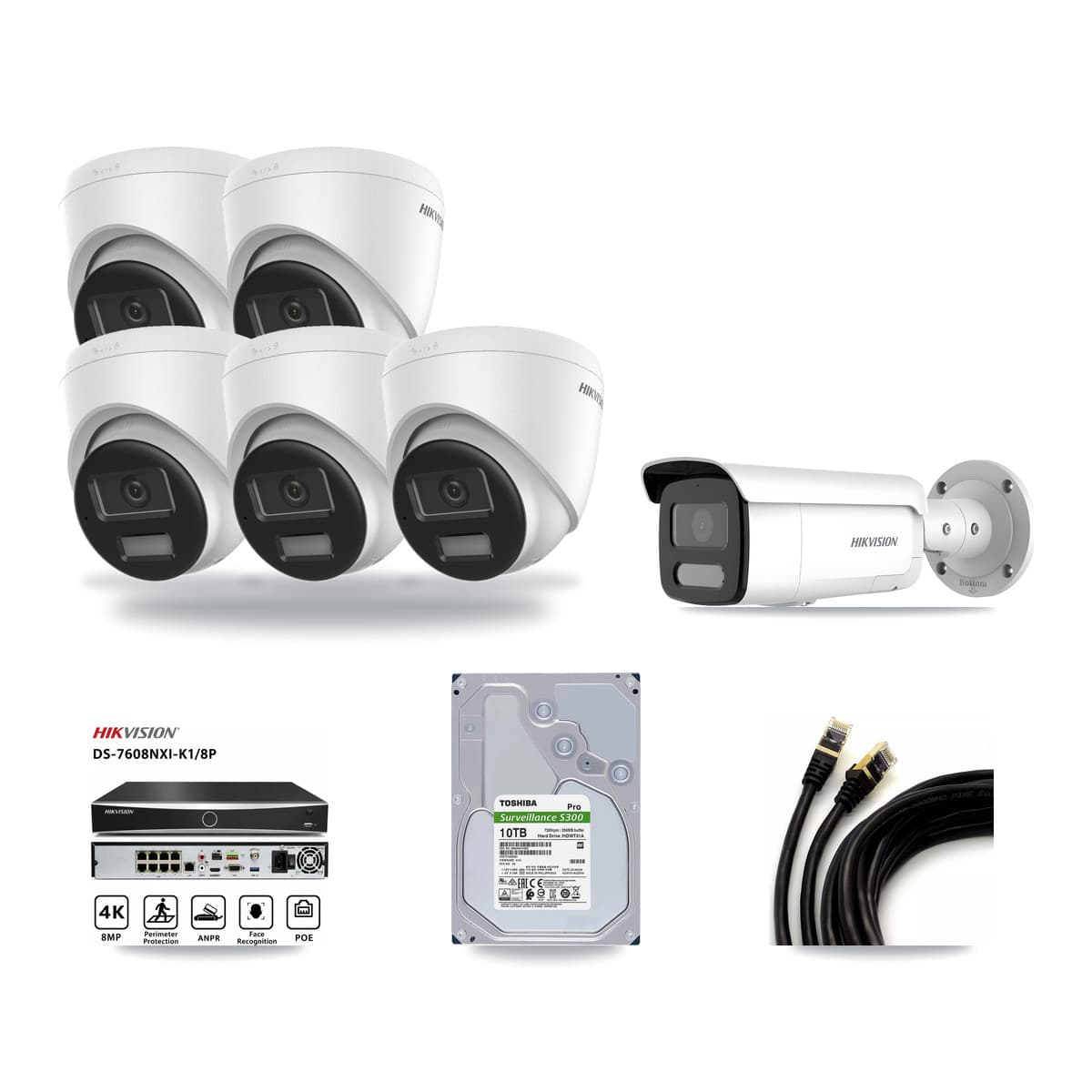 Hikvision 8-Channel 4MP – 4K CCTV Kit — 5 DS-2CD1383G2-LIUF/SL 4K Turret + 1 DS-2CD2T47G2H-LISU/SL 4MP Bullet Cameras + 10TB Recording (DS-7608NXI-K1/8P Recorder) - Image 1