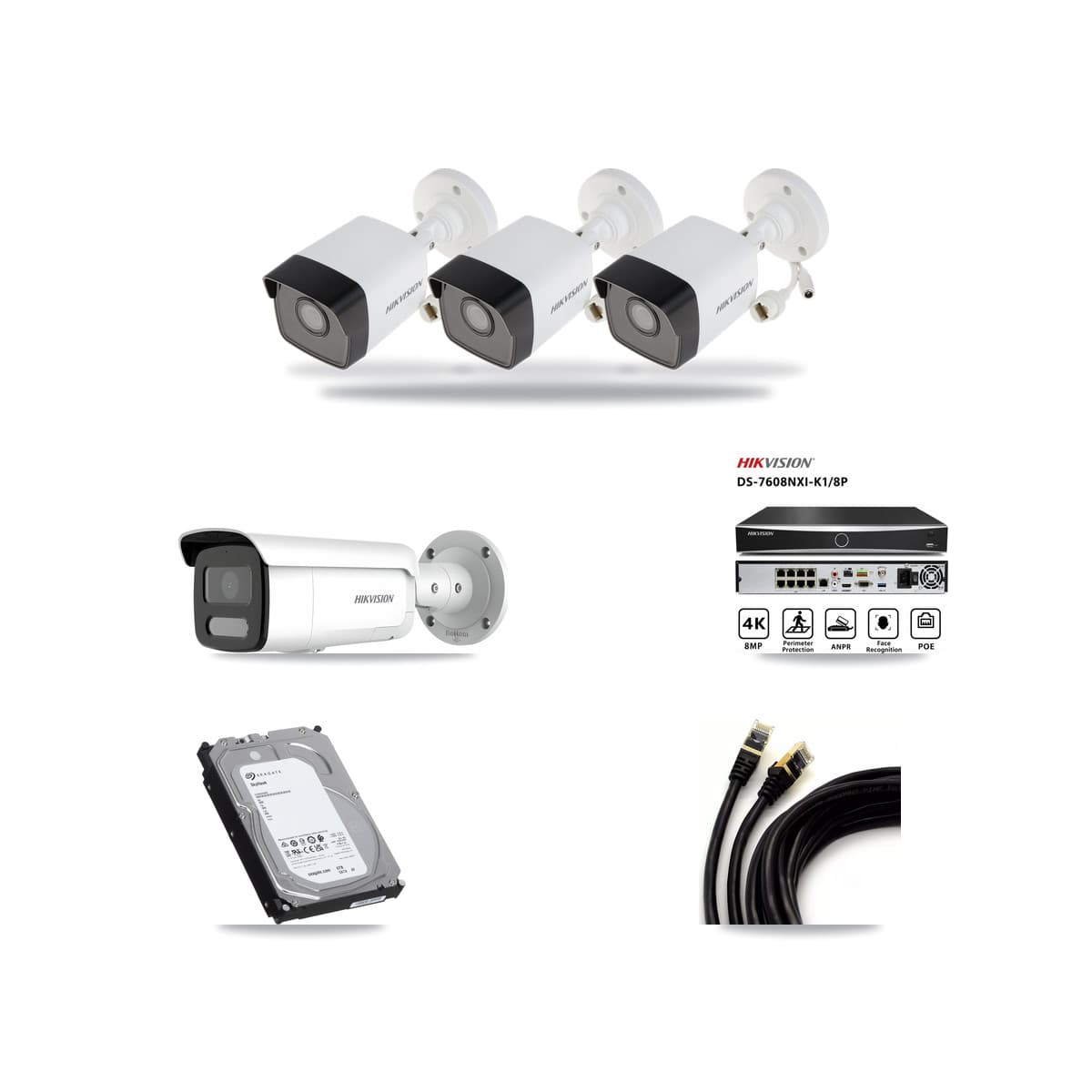 Hikvision 8-Channel 4MP – 5MP CCTV Kit — 3 5MP + 1 4MP Bullet Cameras + 6TB Recording (DS-7608NXI Recorder) - Image 1