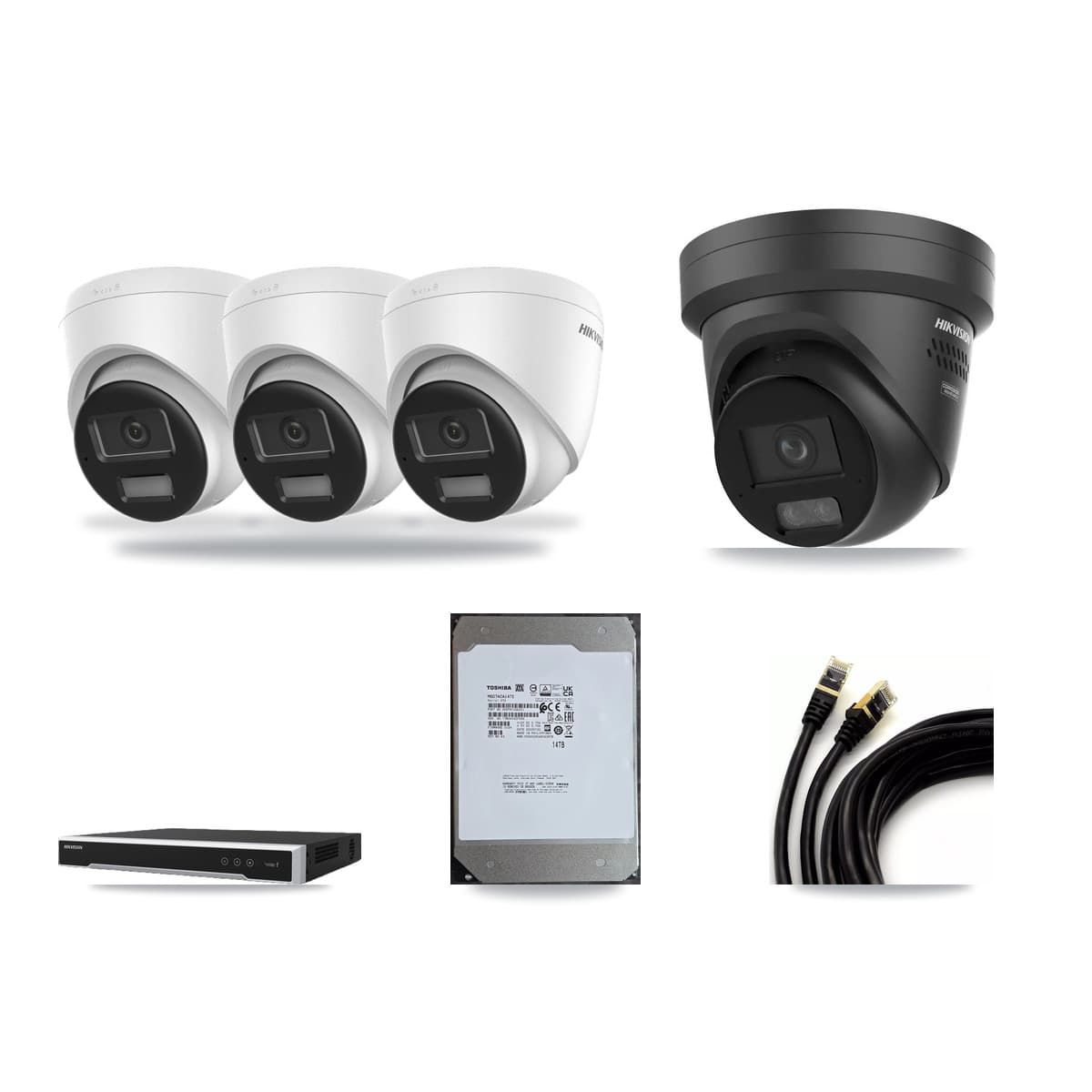 Hikvision 8-Channel 4K CCTV Kit — 3 DS-2CD1383G2 + 1 Black DS-2CD2387G3 Turret Cameras + 14TB Recording - Image 1