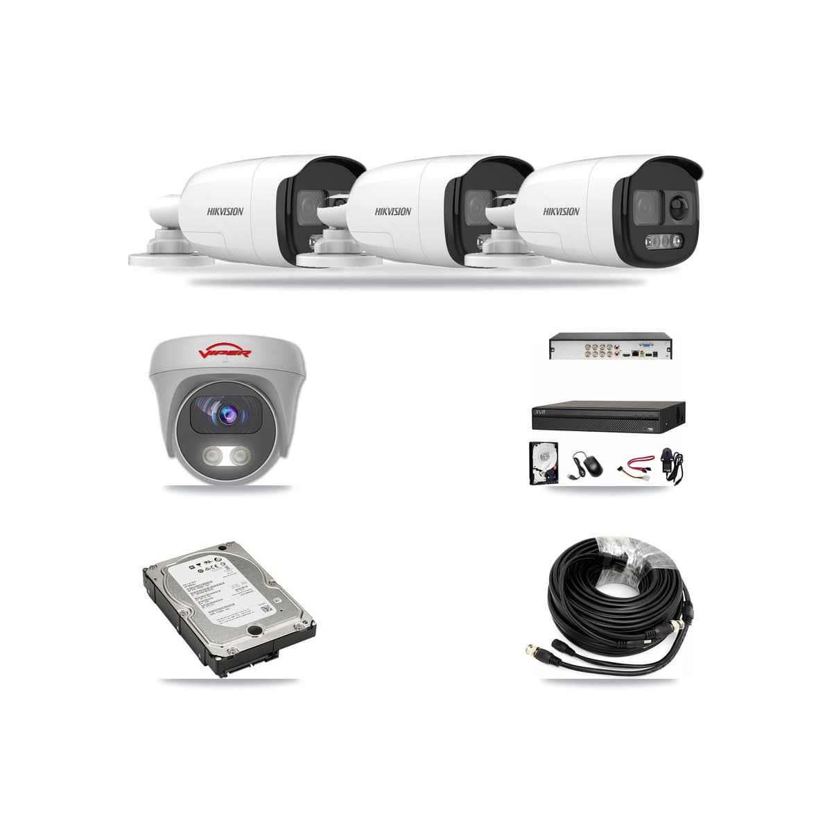 8-Channel 5MP CCTV Kit — 3 DS-2CE12KF3T Bullet + 1 White VIPER-5MP-3K Cameras + 5TB Recording (XVR-3108AD Recorder) - Image 1