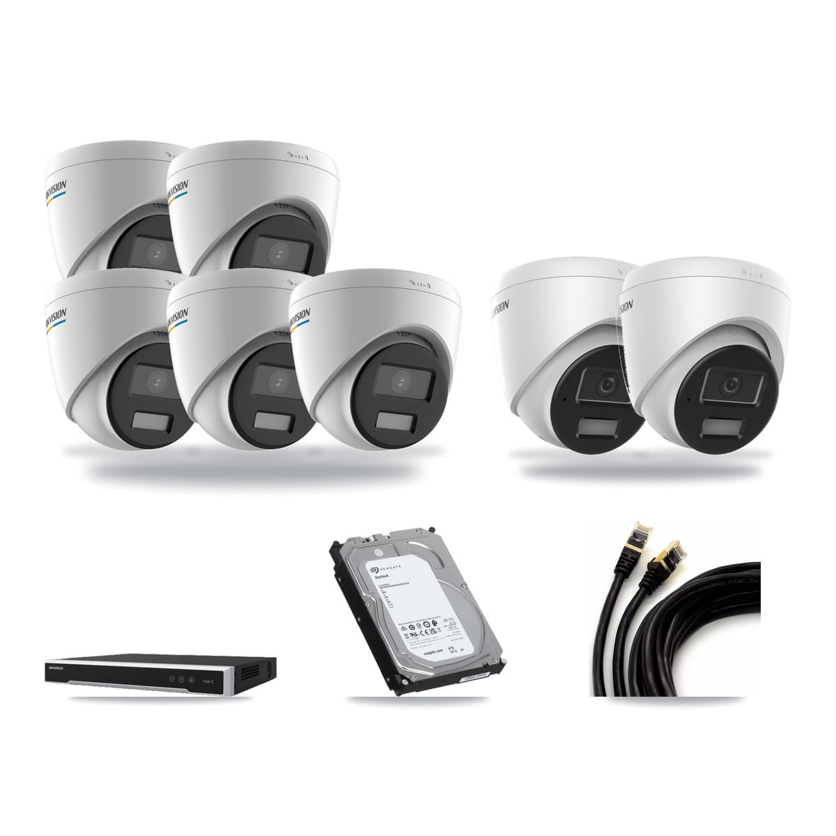 Hikvision 8-channel CCTV kit: 7 cameras (5× 2MP Turret + 2× 4MP Turret), 6TB hard drive
