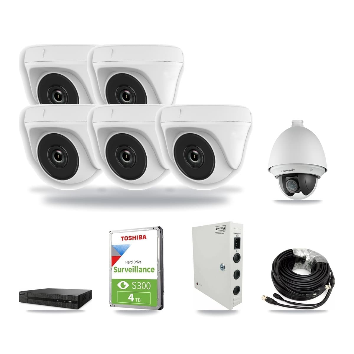 Hikvision 8-Channel 2MP CCTV Kit — 1 DS-2AE4225T PTZ + 5 White HDT-2MP-N20W Dome Cameras + 4TB Recording (DVR-8CH Recorder) - Image 1