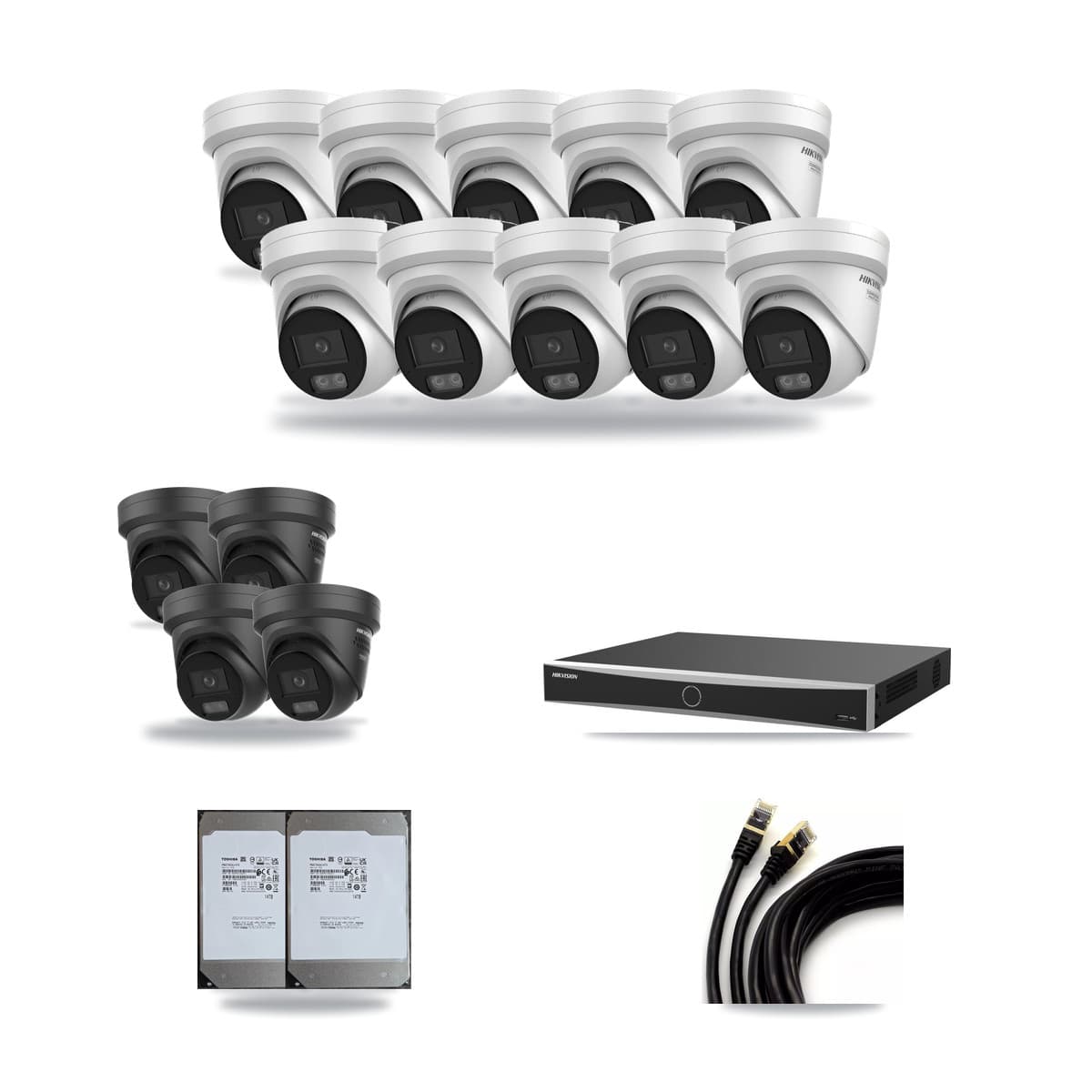 Hikvision 16-Channel 4K CCTV Kit — 10 DS-2CD2387G3 + 4 Black DS-2CD2387G3 Turret Cameras + 2× 14TB Recording - Image 1
