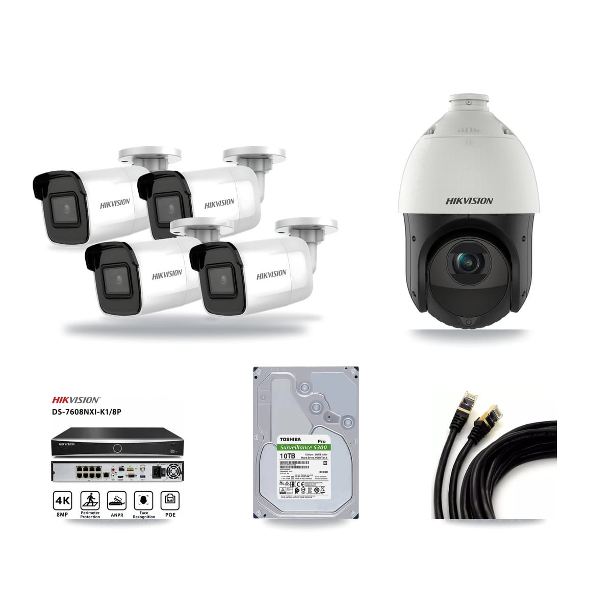 Hikvision 8-Channel 4MP – 4K CCTV Kit — 4 4K Bullet + 1 4MP PTZ Cameras + 10TB Recording - Image 1