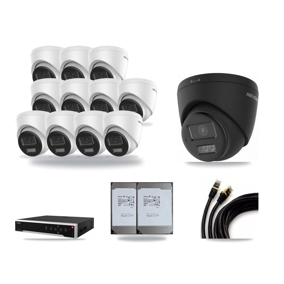 Hikvision 32-Channel 4K CCTV Kit — 11 + 1 Black Turret Cameras + 2× 14TB Recording - Image 1
