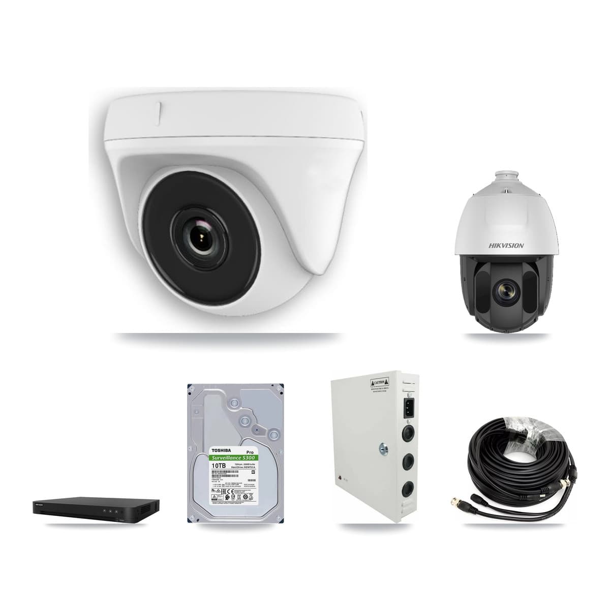 Hikvision 16-Channel 2MP CCTV Kit — 1 DS-2AE5225TI PTZ + 15 White HDT-2MP-N20W Dome Cameras + 10TB Recording (DS-7216HGHI Recorder)