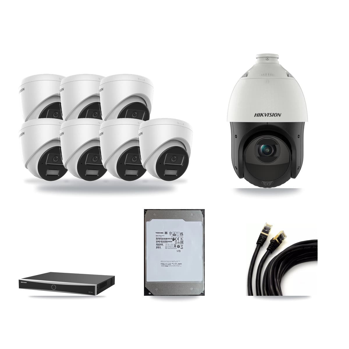 Hikvision 16-Channel 4MP CCTV Kit — 7 Turret + 1 PTZ Cameras + 14TB Recording (DS-7616NXI Recorder) - Image 1