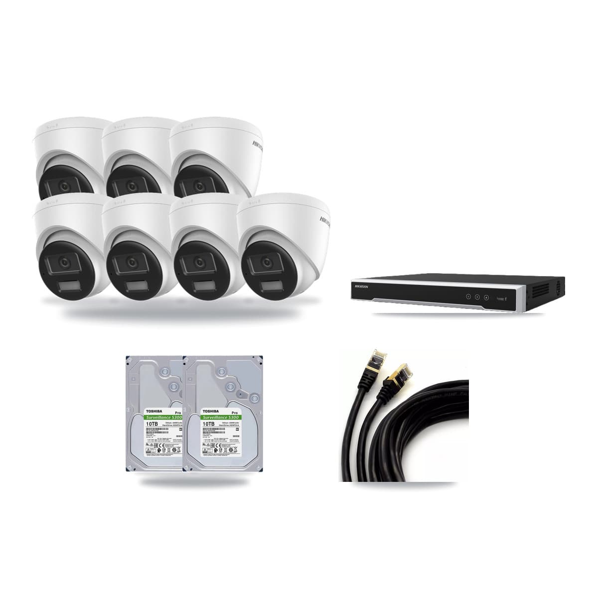 Hikvision 8-Channel 4K CCTV Kit — 7 DS-2CD1383G2-LIUF/SL Turret Cameras + 2× 10TB Recording (DS-7608NI-M2/8P Recorder) - Image 1