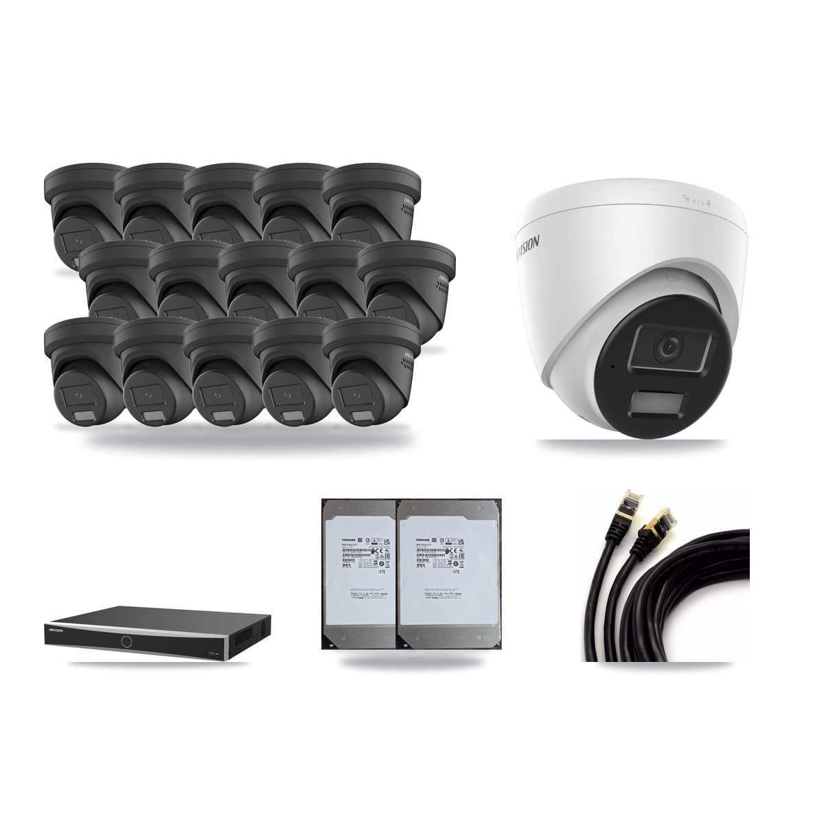 Hikvision 16-Channel 4MP CCTV Kit — 1 DS-2CD1343G2 + 15 Black DS-2CD2347G2 Turret Cameras + 2× 14TB Recording (DS-7616NXI Recorder) - Image 1