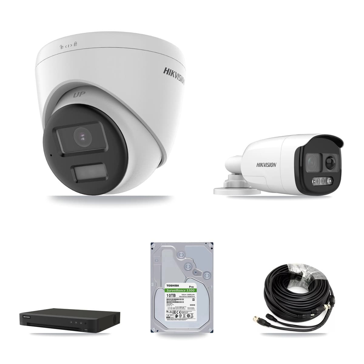 Hikvision 8-Channel 5MP – 4K CCTV Kit — 1 DS-2CE12KF3T-PIRXO 5MP Bullet + 3 DS-2CE78U0T-LPTS 4K Turret Cameras + 10TB Recording (IDS-7208HUHI-M1/XT Recorder)