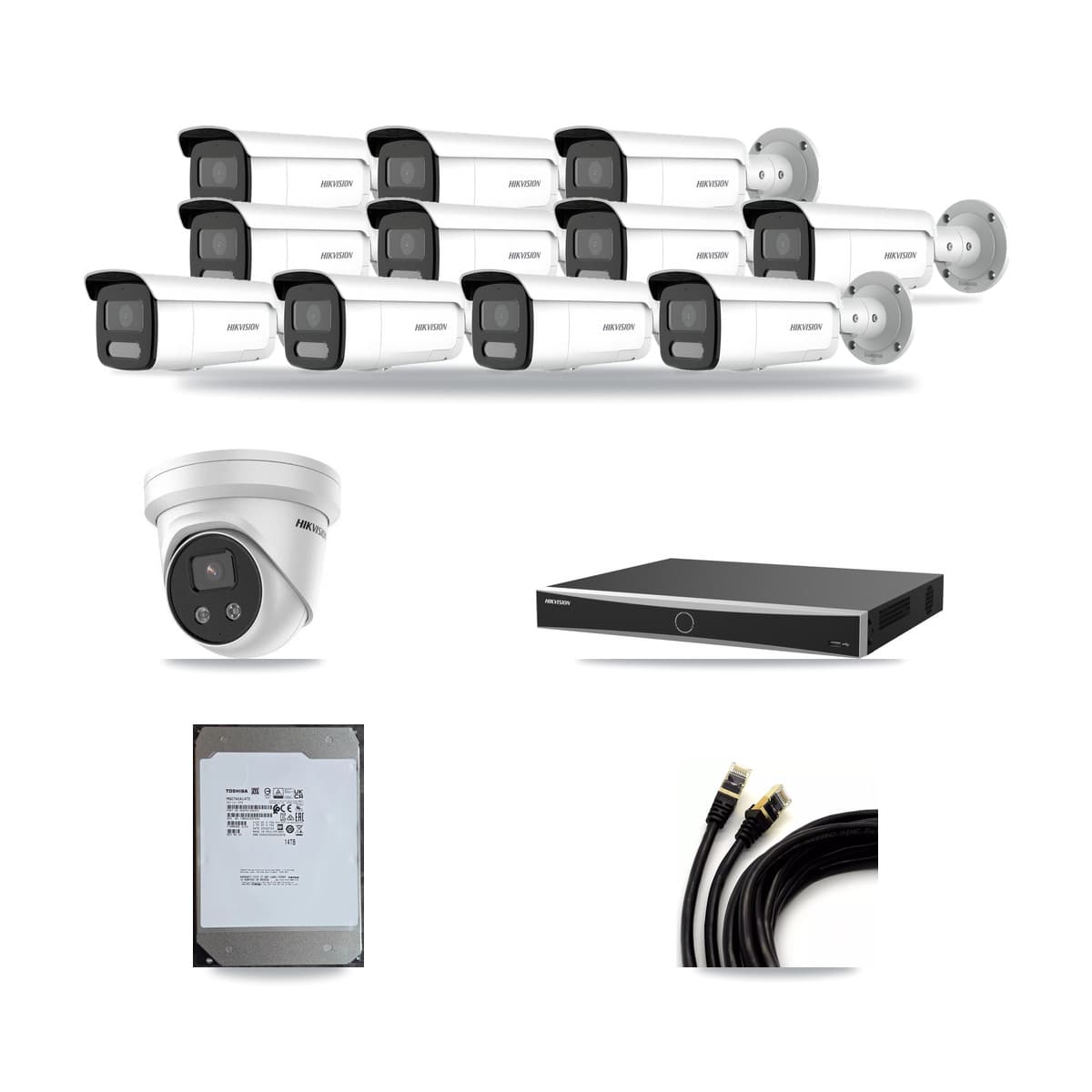 Hikvision 16-Channel 4MP – 5MP CCTV Kit — 11 4MP Bullet + 1 5MP Turret Cameras + 14TB Recording (DS-7616NXI Recorder) - Image 1