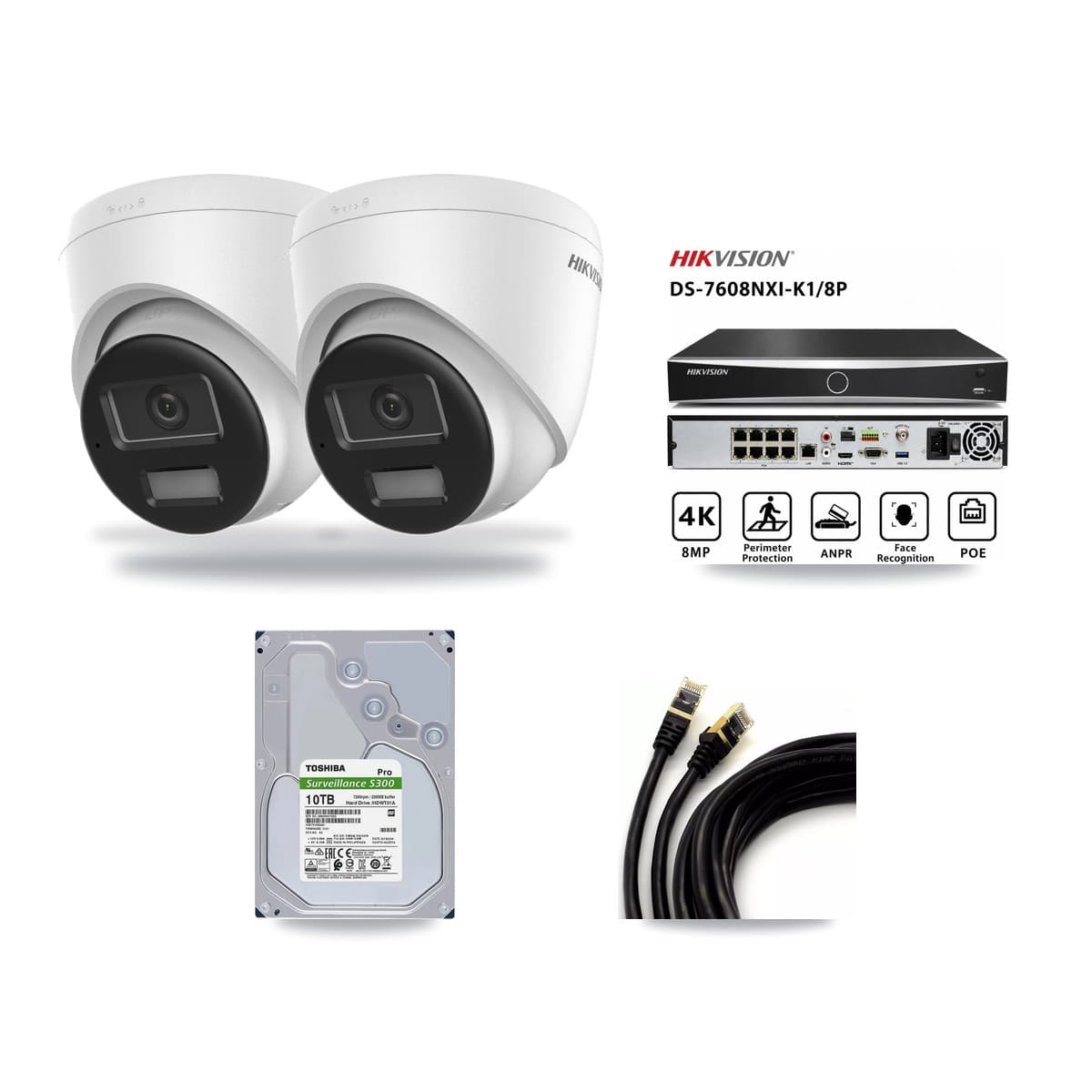 Hikvision 8-Channel 4K CCTV Kit — 2 DS-2CD1383G2-LIUF/SL Turret Cameras + 10TB Recording (DS-7608NXI-K1/8P Recorder) - Image 1