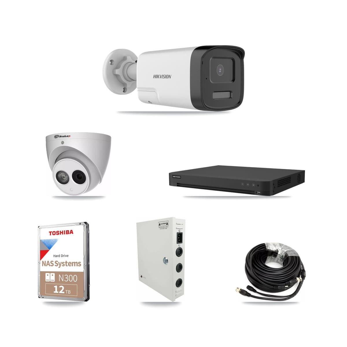 Hikvision & Prolux 32-Channel 4MP – 5MP CCTV Kit — 20 DS-2CE17K0T 5MP Bullet + 1 PXC-612C4W-A 4MP Turret Cameras + 2× 12TB Recording