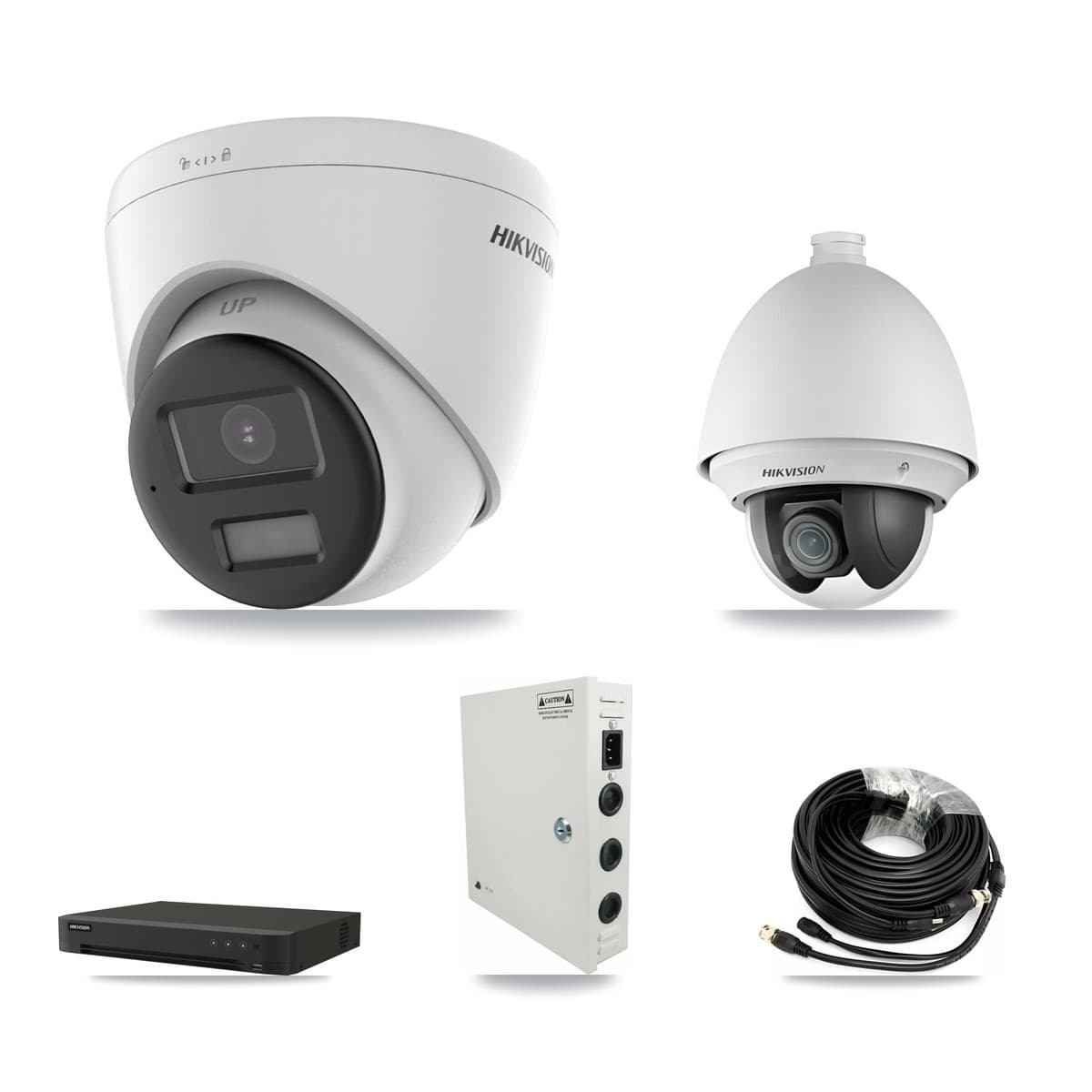 Hikvision 8-Channel 2MP – 4K CCTV Kit — 1 DS-2AE4225T-A 2MP PTZ + 3 DS-2CE78U0T-LPTS 4K Turret Cameras + 8TB Recording (IDS-7208HUHI-M1/XT Recorder)