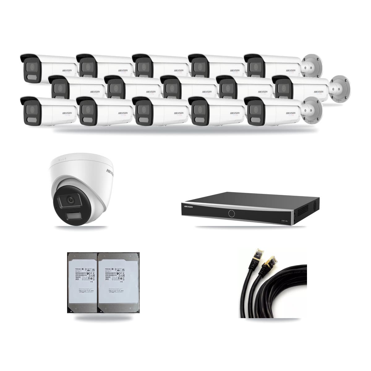 Hikvision 16-Channel 4K CCTV Kit — 1 DS-2CD1383G2-LIUF/SL Turret + 15 White DS-2CD2T87G2H-LISU/SL-2.8MM-W Bullet Cameras + 2× 14TB Recording (DS-7616NXI-K2/16P(E) Recorder) - Image 1