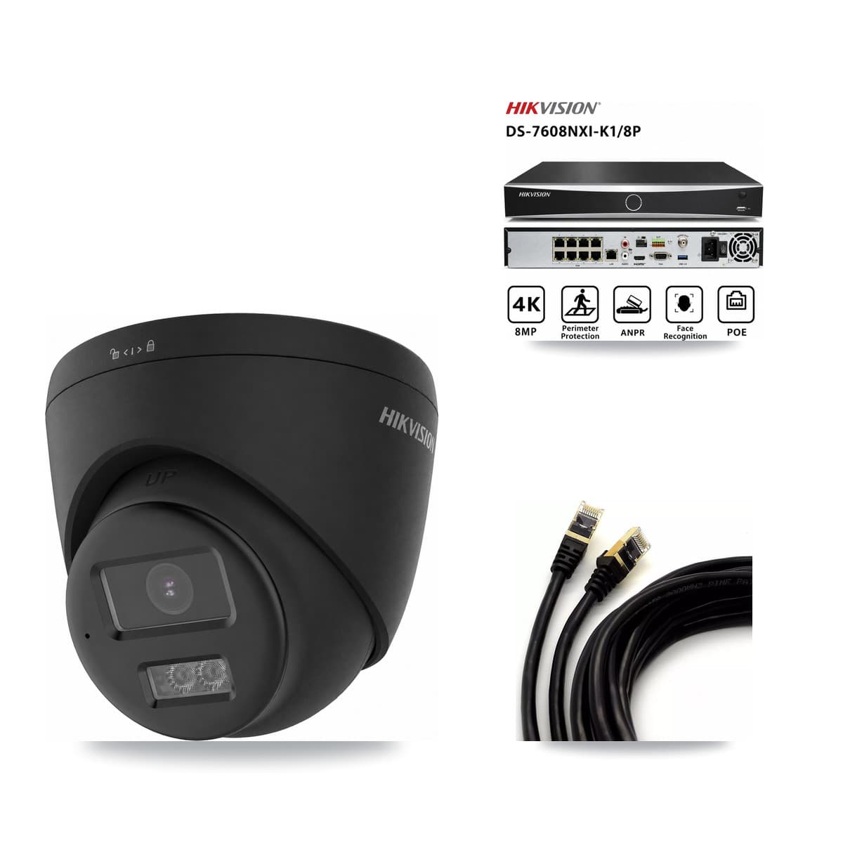 Hikvision 8-Channel 4K CCTV Kit — 1 Black DS-2CD1383G2 Turret Camera + 3TB Recording (DS-7608NXI Recorder)