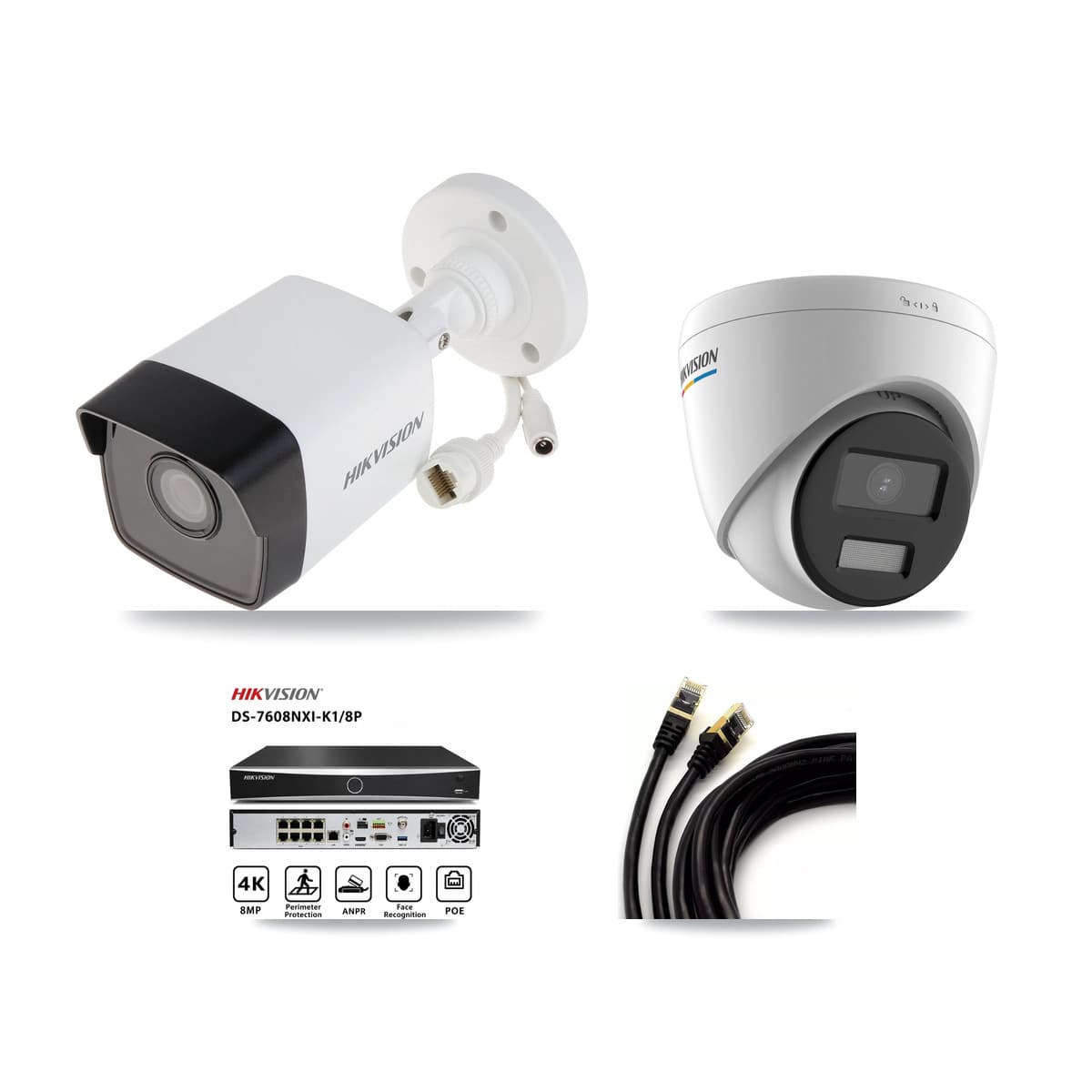 Hikvision 8-Channel 2MP – 5MP CCTV Kit — 2 5MP Bullet + 1 2MP Turret Cameras + 3TB Recording (DS-7608NXI Recorder)