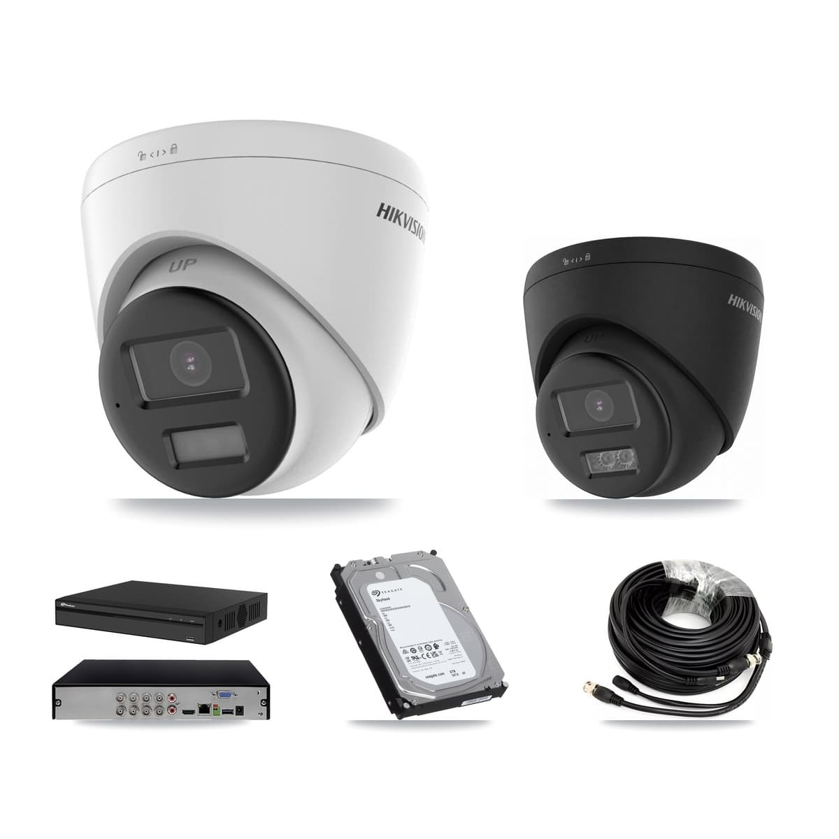 Hikvision & Prolux 8-Channel 4K CCTV Kit — 1 DS-2CE78U0T + 1 Black DS-2CE78U0T Turret Cameras + 6TB Recording (PXD-5108HS Recorder)