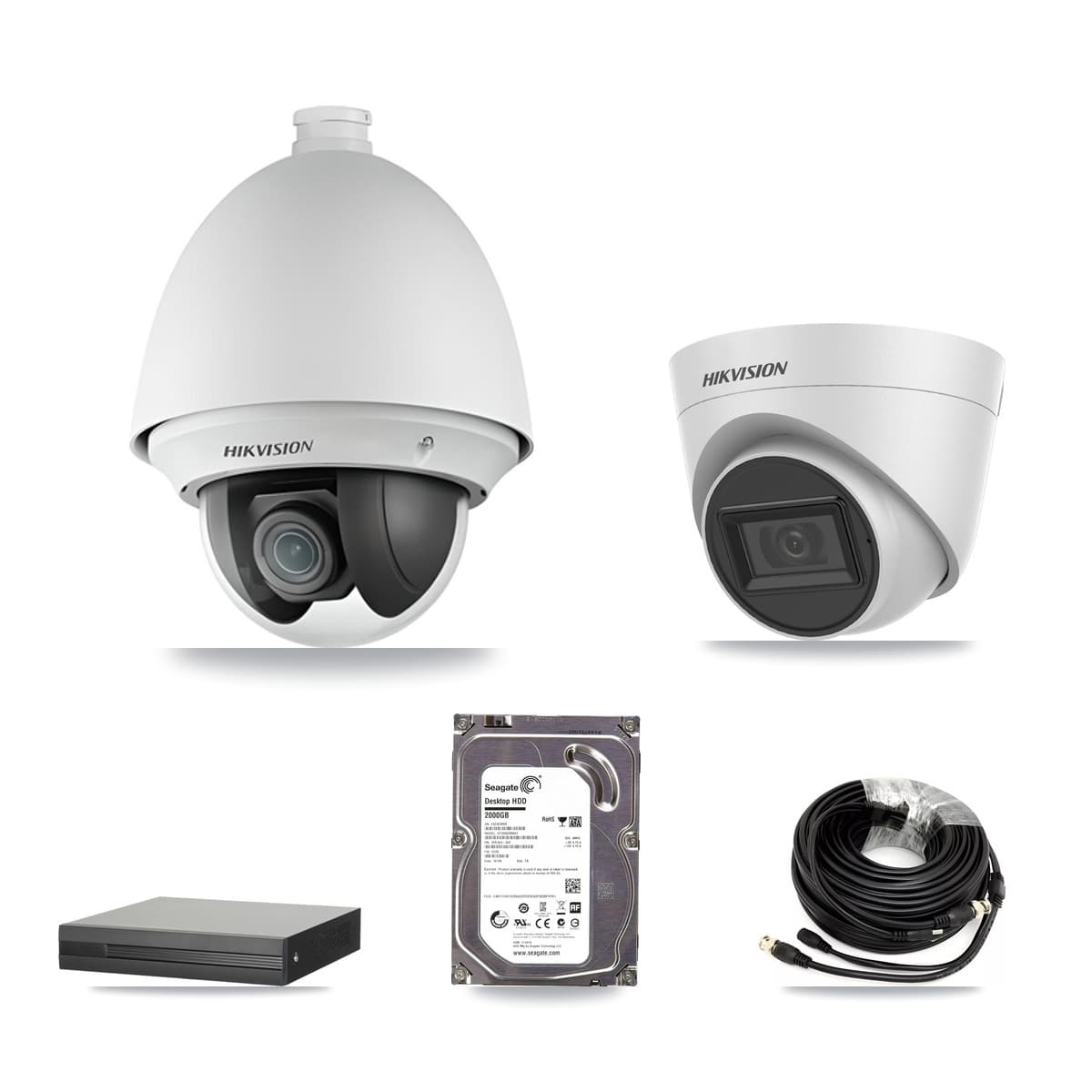 Hikvision 8-Channel 2MP – 5MP CCTV Kit — 1 2MP PTZ + 1 White 5MP Turret Cameras + 2TB Recording (XVR-3108HS Recorder)