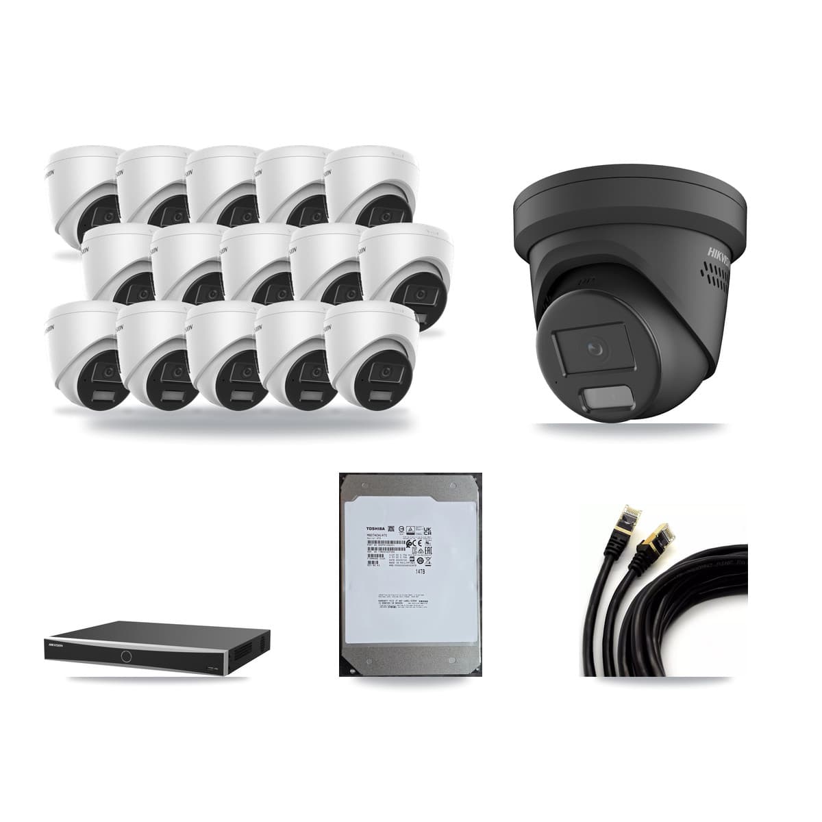 Hikvision 16-Channel 4MP CCTV Kit — 15 DS-2CD1343G2 + 1 Black DS-2CD2347G2 Turret Cameras + 14TB Recording (DS-7616NXI Recorder) - Image 1