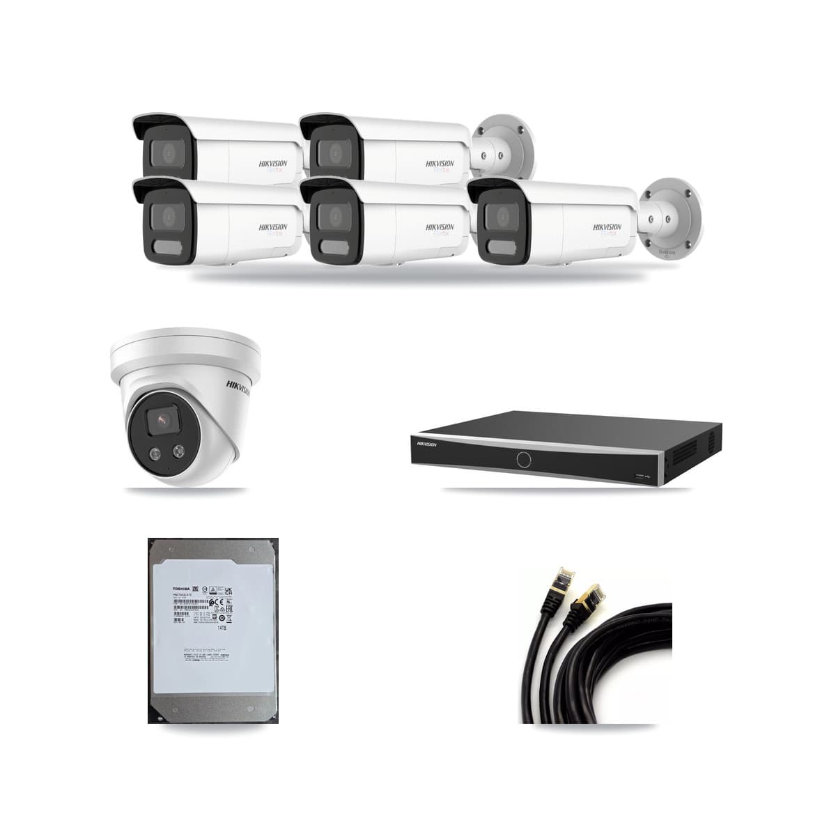 Hikvision 16-Channel 5MP – 4K CCTV Kit — 5 White 4K Bullet + 1 5MP Turret Cameras + 14TB Recording (DS-7616NXI Recorder) - Image 1