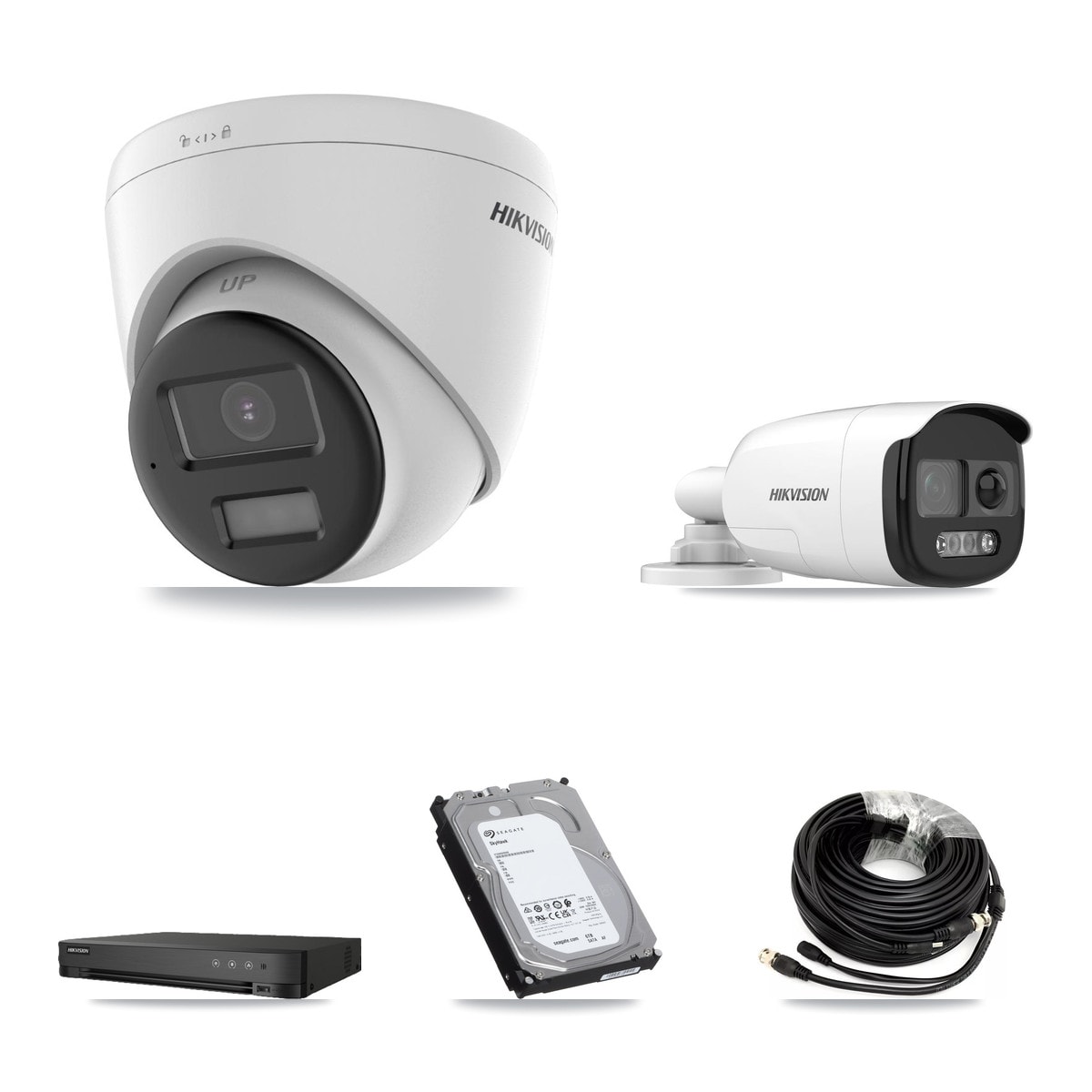 Hikvision 8-Channel 5MP – 4K CCTV Kit — 1 DS-2CE12KF3T-PIRXO 5MP Bullet + 5 DS-2CE78U0T-LPTS 4K Turret Cameras + 6TB Recording (IDS-7208HUHI-M1/E Recorder) - Image 1