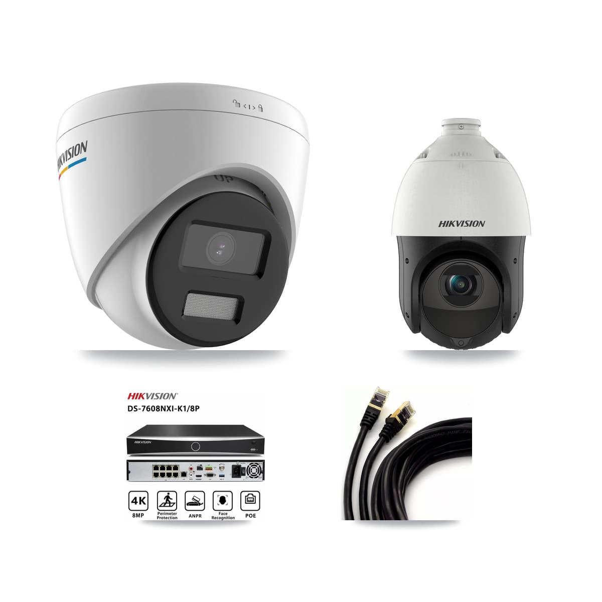 Hikvision 8-Channel 2MP – 4MP CCTV Kit — 3 2MP Turret + 1 4MP PTZ Cameras + 3TB Recording (DS-7608NXI Recorder)