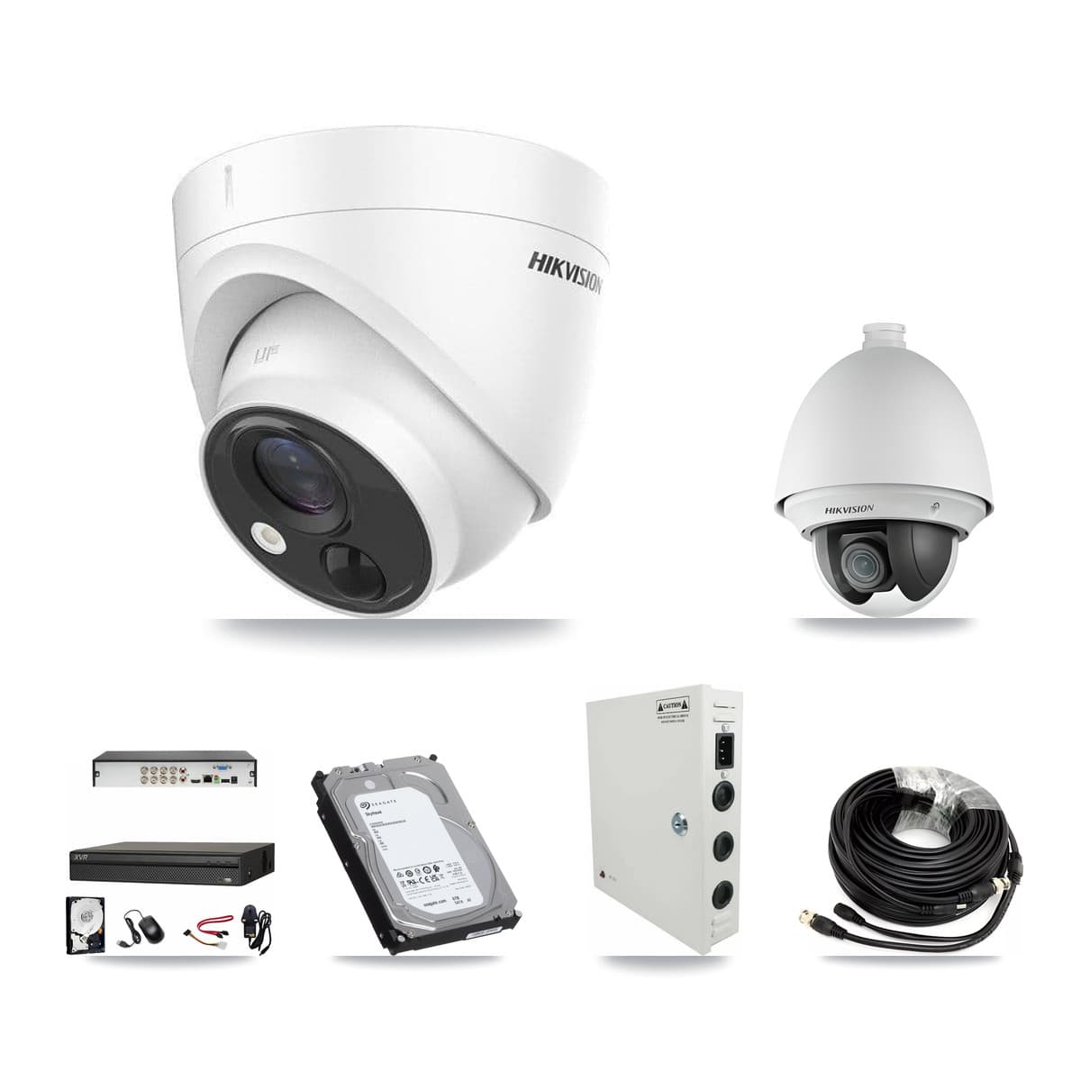Hikvision & Dahua 8-Channel 2MP – 5MP CCTV Kit — 1 DS-2AE4225T 2MP PTZ + 4 DS-2CE71H0T 5MP Turret Cameras + 6TB Recording