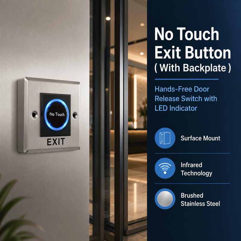 No Touch Exit Button with Backplate, Square - Hands-Free Infrared Door Release Switch with LED Indicator, Surface Mount, Brushed Stainless Steel