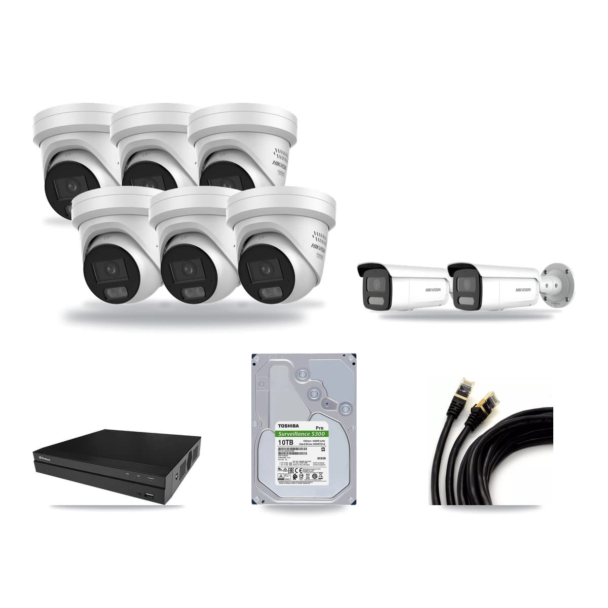 Hikvision & Prolux 8-Channel 4MP CCTV Kit — 6 DS-2CD2347G3 Turret + 2 DS-2CD2T47G2H Bullet Cameras + 10TB Recording - Image 1