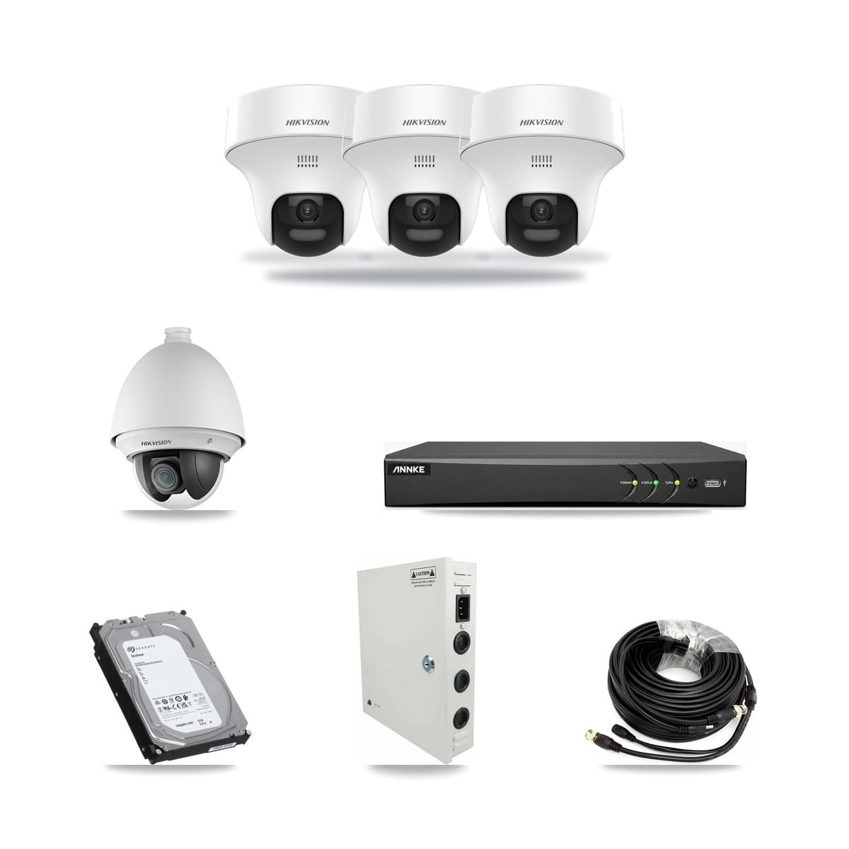 Hikvision & ANNKE 4-Channel 2MP – 5MP CCTV Kit — 1 DS-2AE4225T 2MP PTZ + 3 DS-2CE70K0T 5MP Turret Cameras + 6TB Recording - Image 1