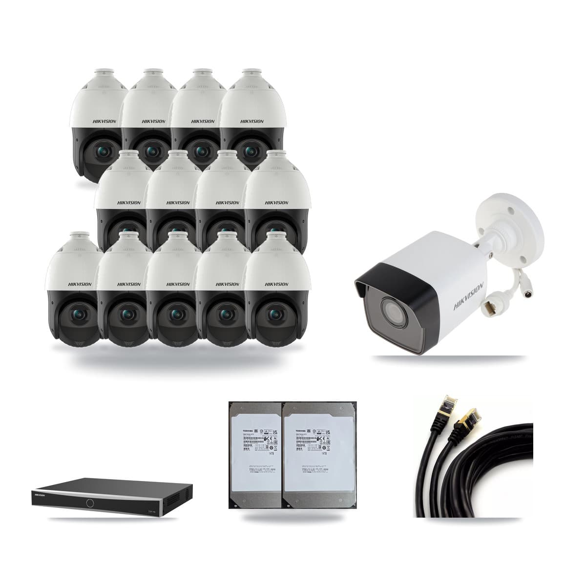 Hikvision 16-Channel 4MP – 5MP CCTV Kit — 1 5MP Bullet + 13 4MP PTZ Cameras + 2× 14TB Recording (DS-7616NXI Recorder) - Image 1