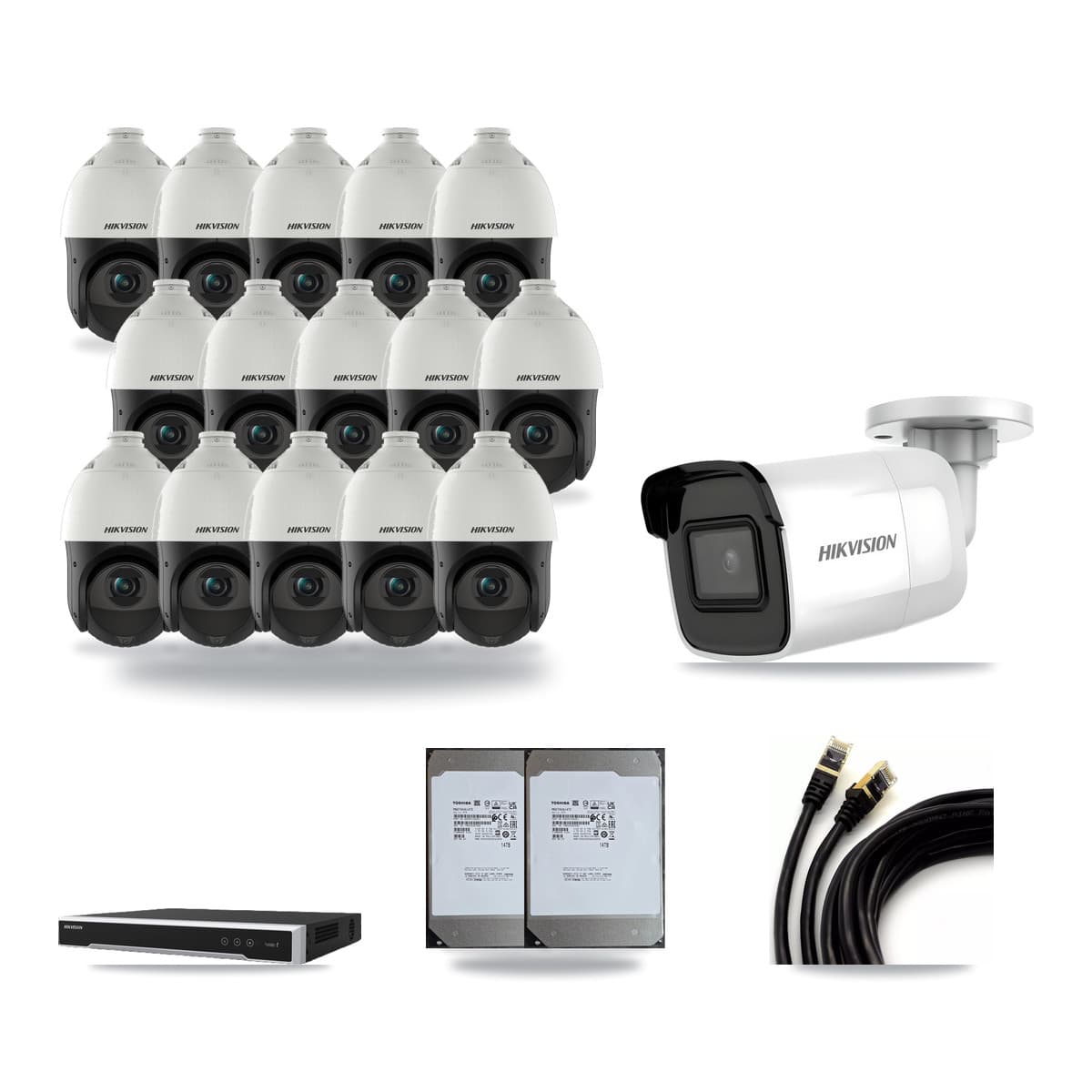 Hikvision 16-Channel 4MP – 4K CCTV Kit — 1 4K Bullet + 15 4MP PTZ Cameras + 2× 14TB Recording (DS-7616NI-M2 Recorder) - Image 1