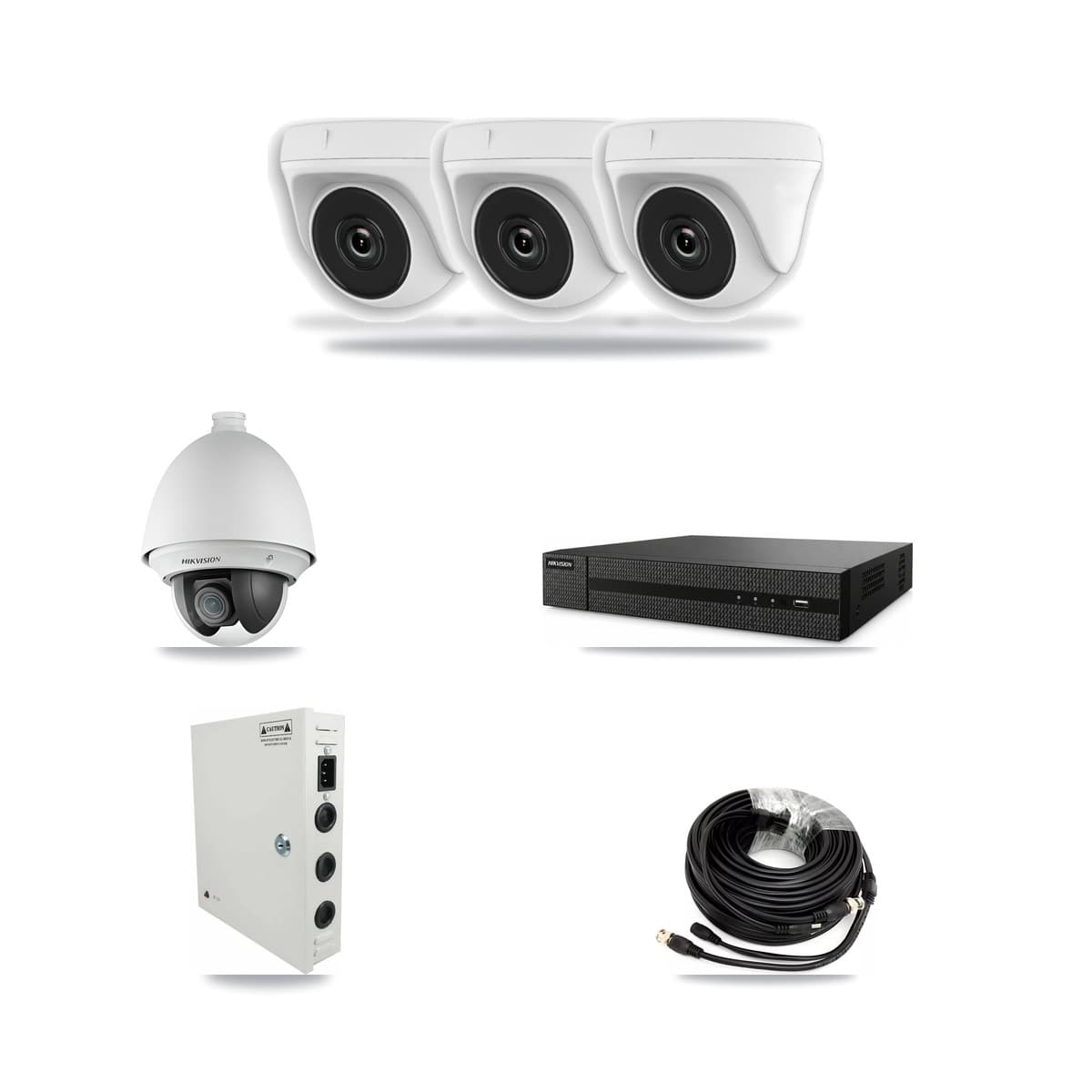 Hikvision 8-Channel 2MP CCTV Kit — 1 DS-2AE4225T PTZ + 3 White HDT-2MP-N20W Dome Cameras + 3TB Recording (DVR-8CH Recorder) - Image 1