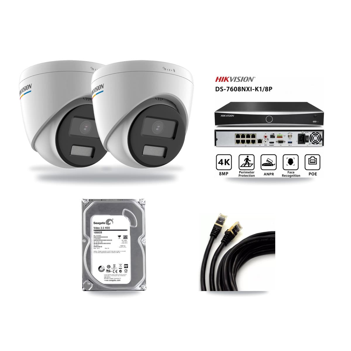 Hikvision 8-Channel 2MP CCTV Kit — 2 Turret Cameras + 1TB Recording (DS-7608NXI Recorder) - Image 1