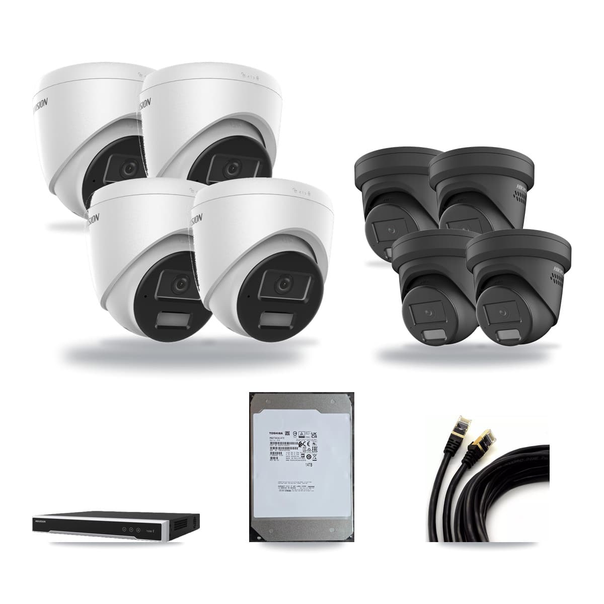 Hikvision 16-Channel 4MP CCTV Kit — 4 DS-2CD1343G2 + 4 Black DS-2CD2347G2 Turret Cameras + 14TB Recording (DS-7616NI-M2 Recorder) - Image 1