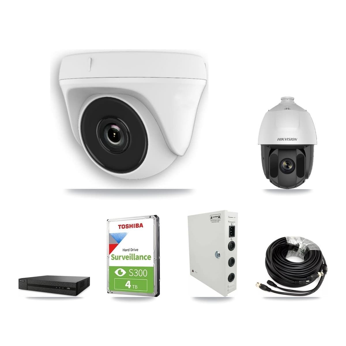 Hikvision 8-Channel 2MP CCTV Kit — 1 DS-2AE5225TI PTZ + 5 White HDT-2MP-N20W Dome Cameras + 4TB Recording (DVR-8CH Recorder)