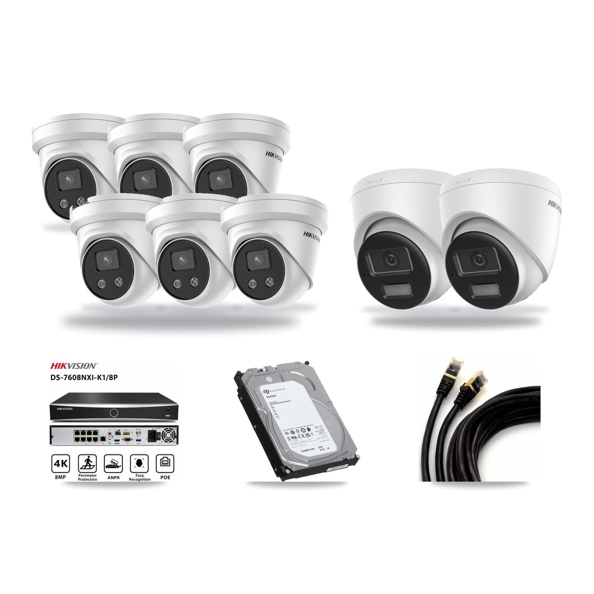 Hikvision 8-Channel 5MP – 4K CCTV Kit — 2 DS-2CD1383G2-LIU 4K + 6 DS-2CD3356G2-ISU 5MP Turret Cameras + 6TB Recording (DS-7608NXI-K1/8P Recorder) - Image 1