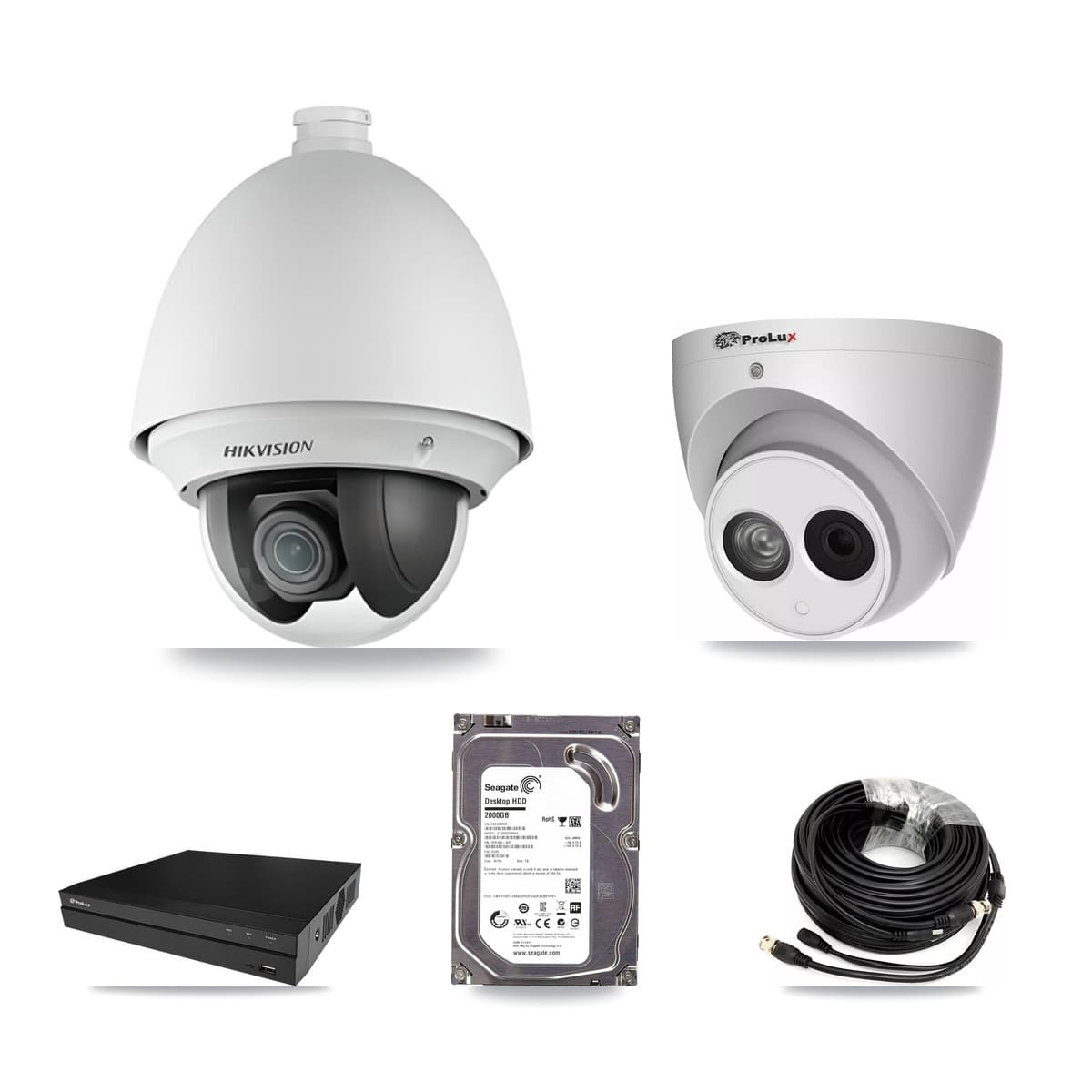 Hikvision & Prolux 8-Channel 2MP – 4MP CCTV Kit — 1 2MP PTZ + 1 4MP Turret Cameras + 2TB Recording (PXD-5208AN Recorder) - Image 1