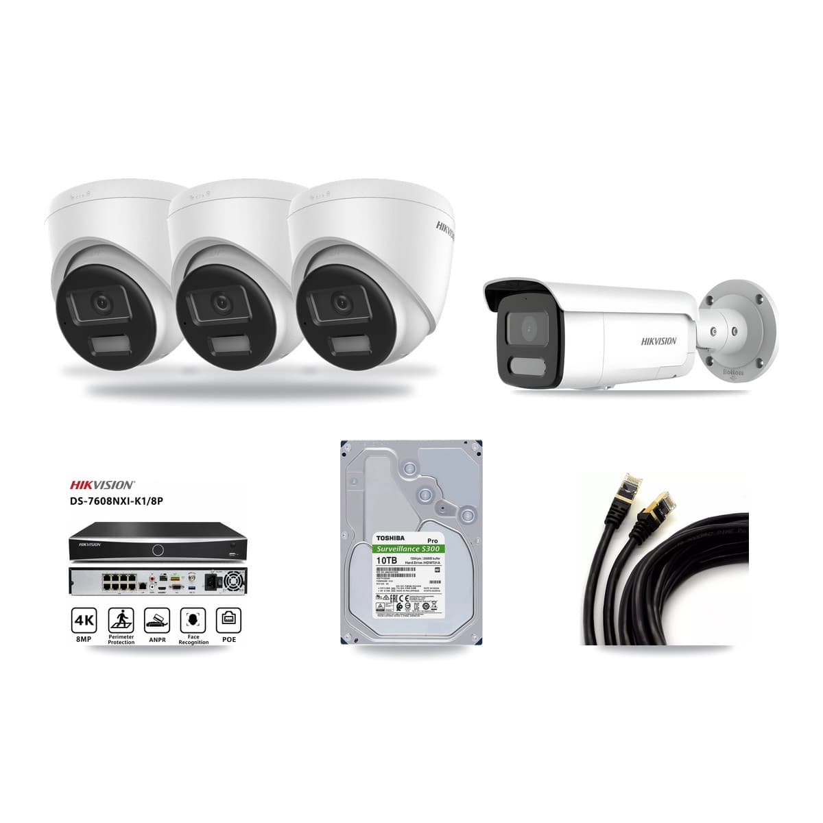 Hikvision 8-Channel 4MP – 4K CCTV Kit — 3 DS-2CD1383G2-LIU 4K Turret + 1 DS-2CD2T47G2H-LISU/SL 4MP Bullet Cameras + 10TB Recording (DS-7608NXI-K1/8P Recorder) - Image 1