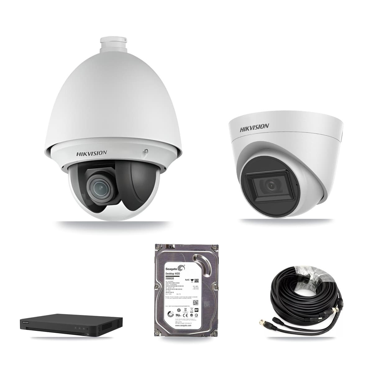 Hikvision 32-Channel 2MP – 5MP CCTV Kit — 1 2MP PTZ + 1 White 5MP Turret Cameras + 2TB Recording (IDS-7232HQHI Recorder)