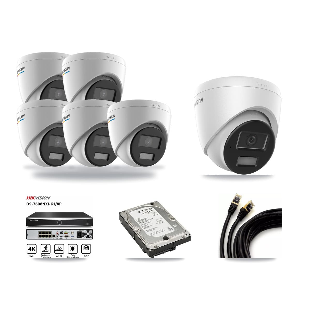 Hikvision 8-Channel 2MP – 4MP CCTV Kit — 5 2MP + 1 4MP Turret Cameras + 5TB Recording (DS-7608NXI Recorder) - Image 1