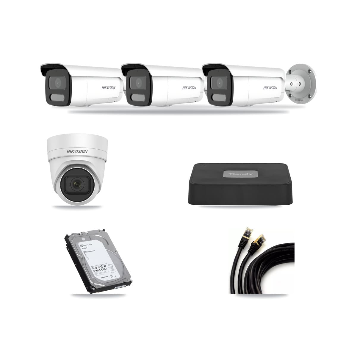 Tiandy 4-channel CCTV kit: 4 cameras (3× 4MP Bullet + 1× 4MP Turret), 6TB hard drive