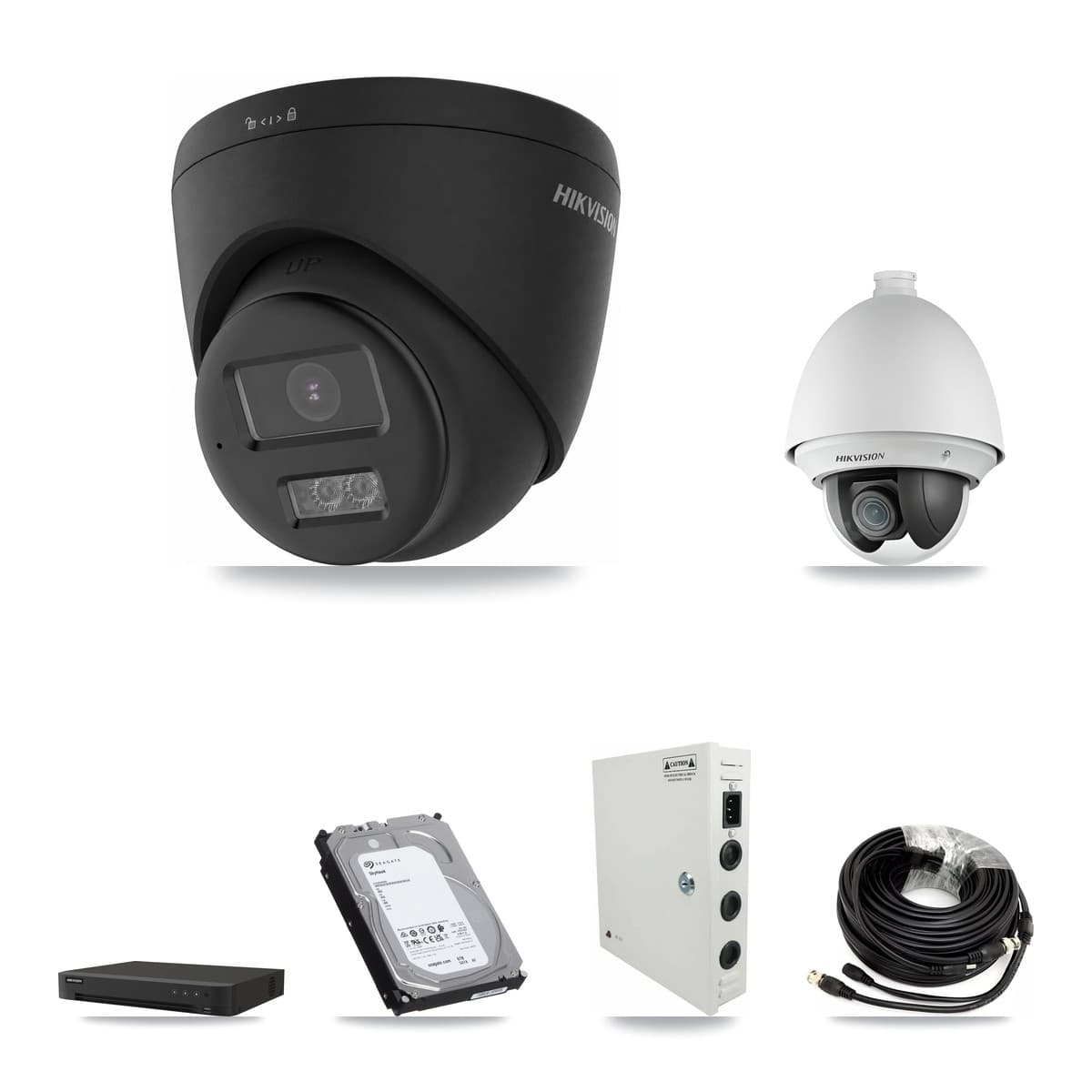 Hikvision 8-Channel 2MP – 4K CCTV Kit — 1 2MP PTZ + 5 Black 4K Turret Cameras + 6TB Recording (IDS-7208HUHI Recorder)